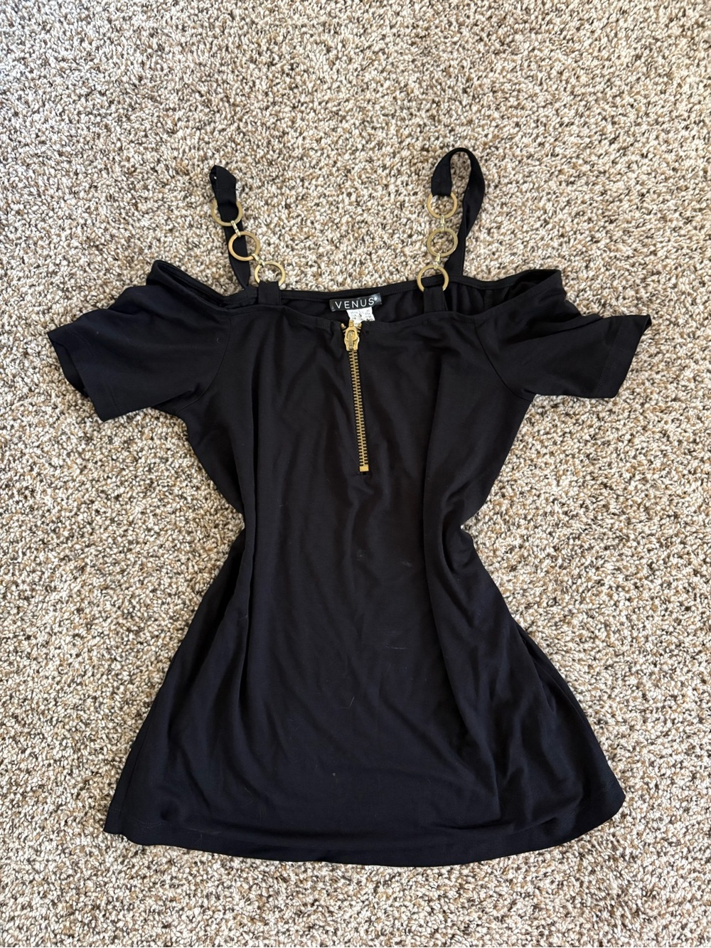VENUS Black Off-Shoulder Top with Gold Ring Strap Accents